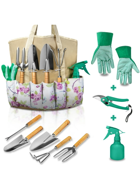 ALLJOY 9 Piece Garden Tools Set with Bag & Gloves,Heavy Duty Gardening Hand Tools Kit,Garden Gifts Supplies for Women Mom