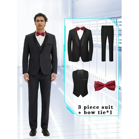 4pcs Men Suit Tuxedo Vest Pants Bowtie Shawl Collar Single Breasted One Button Flap Pockets for Wedding Party Groom Groomsmen Dinner Independence Day Various Festivals Men Formal Attire