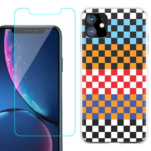 For Apple iPhone 11 Case , Slim-Fit TPU Protective Phone Case with Tempered Glass Screen Protector, by OneToughShield ® - Colorful Checker