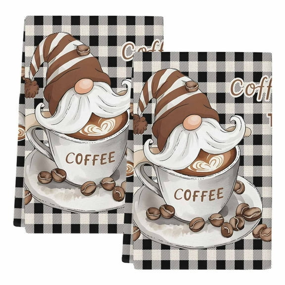 Dish Towels, Coffee Time Gnome Absorbent Kitchen Towels 2 PCS, Black Buffalo Check Plaid Microfiber Hand Towels Dish Cloths Tea Towels for Home Bathroom Cleaning Drying,18X28-Inch,