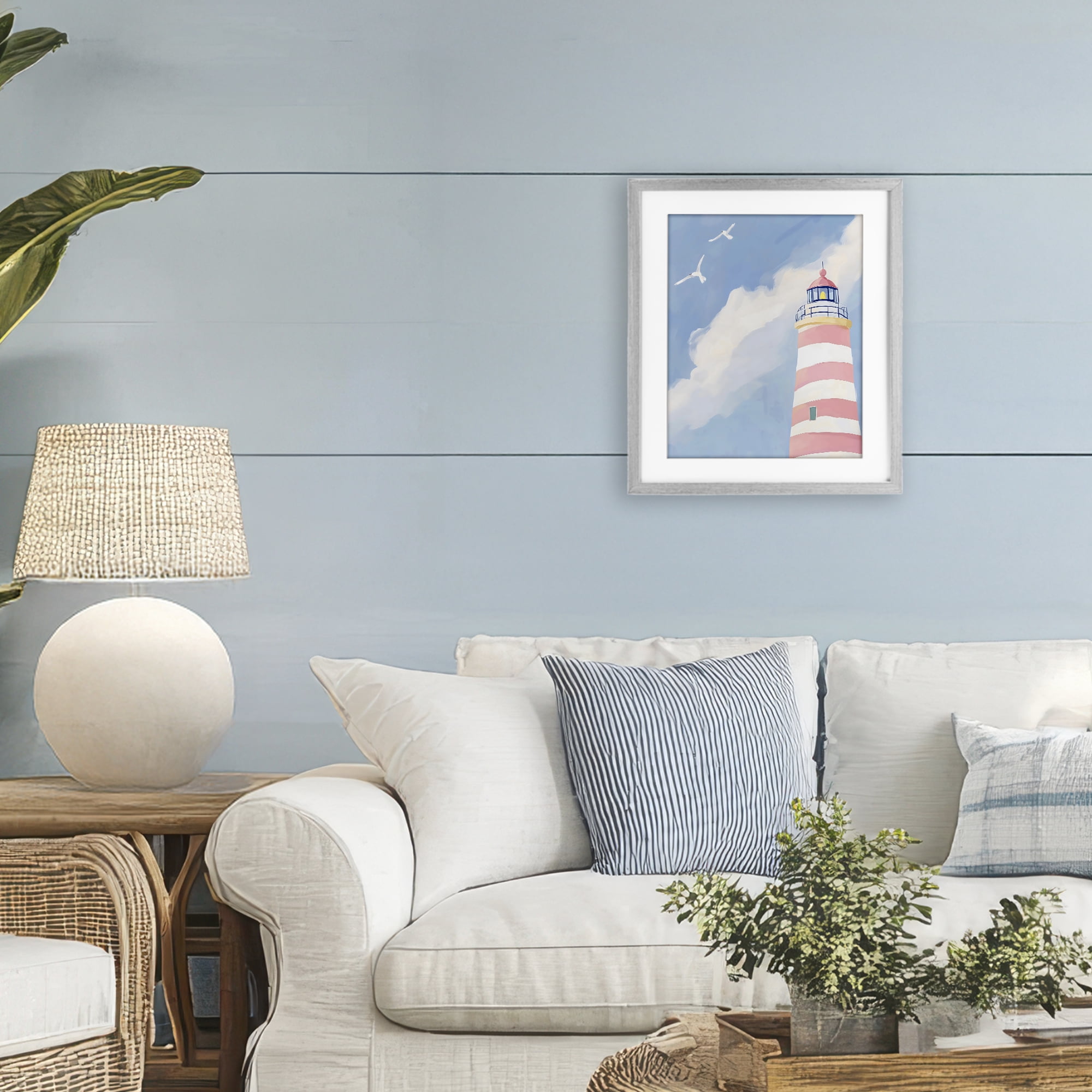 Stupell Industries Striped Lighthouse with Seagulls Gray Framed Print Under Glass, design by The Prints Vibe