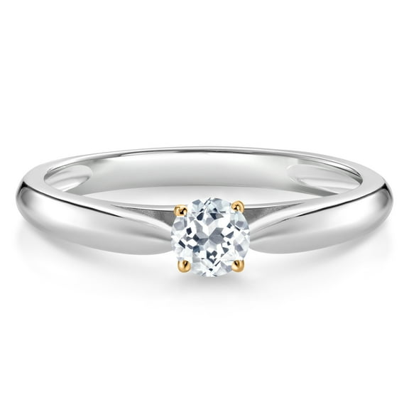 Gem Stone King 0.22 Ct Round White Topaz 10K White and Yellow Gold Solitaire Engagement Ring (Size 7)