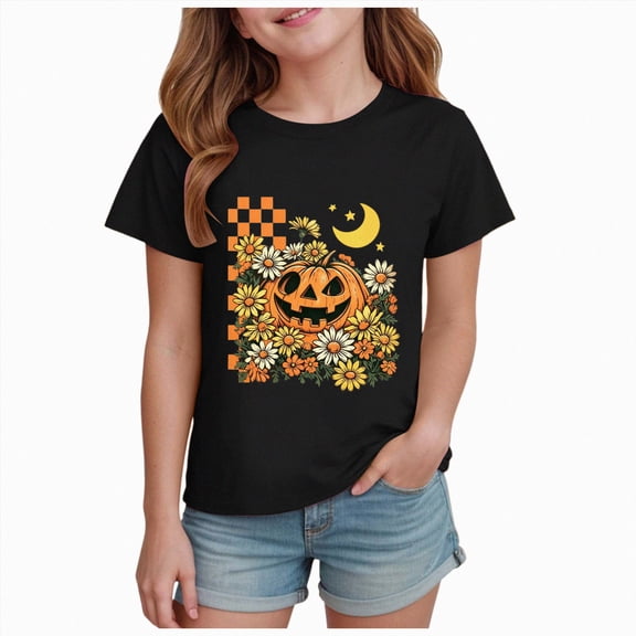 CAUYDY Kids Girls Halloween T-Shirts Tee, Short Sleeve Cute Pumpkin Ghost Daisy Print Crew Neck Fall Casual Tops for Kids Sizes 9-10 Years
