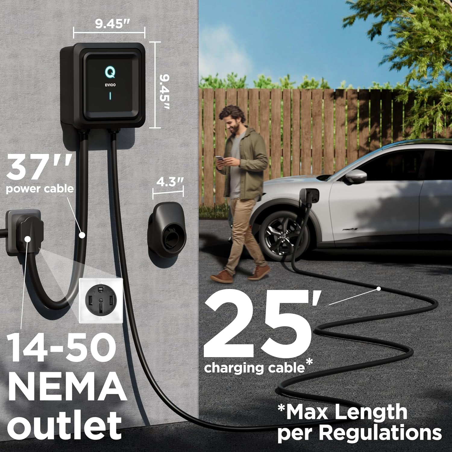 EVIQO Level 2 EV Charger - 48 Amp, NEMA 14-50, 240V J1772, 25' Cord, Certified