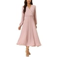 thumbnail image 1 of INSPIRE CHIC Robe Plissée pour Femme à Manches Longues Bouffantes, Col en V, Robe avec Ceinture à la Taille, P Rose Poudré, 1 of 6