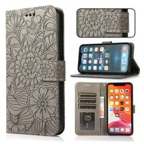 For iPhone 12 Mini Case, Premium Leather Magnetic Closure Flip Wallet Case with Card Holder Cash Slot Stand Function Embossed Flower Pattern Slim Shockproof Lanyard/Strap Cover,Gray