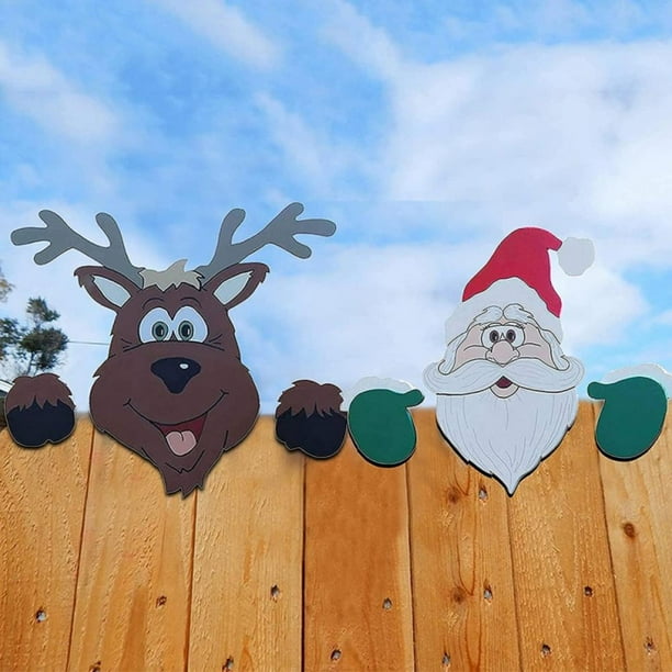 2PCS Christmas Yard Fence Peeker, Santa Claus and Reindeer Fence Peeker