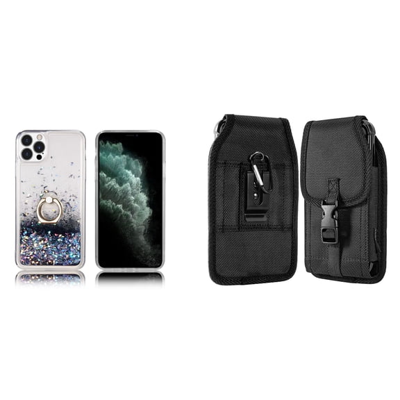 Waterfall Liquid Glitter Stand Case and Belt Holster Pouch for iPhone 14 Pro Max - Black