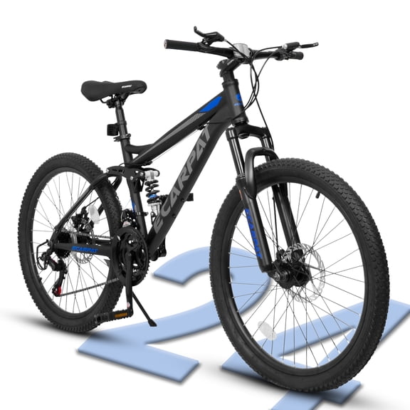 24 Inch Mountain Bike, Full Suspension Mountain Bicycle with Dual Disc Brakes and Carbon Steel Frame, 21 Speeds MTB Bike for Boys Teenagers Adult Men Outdoor Cycling School Work, Black