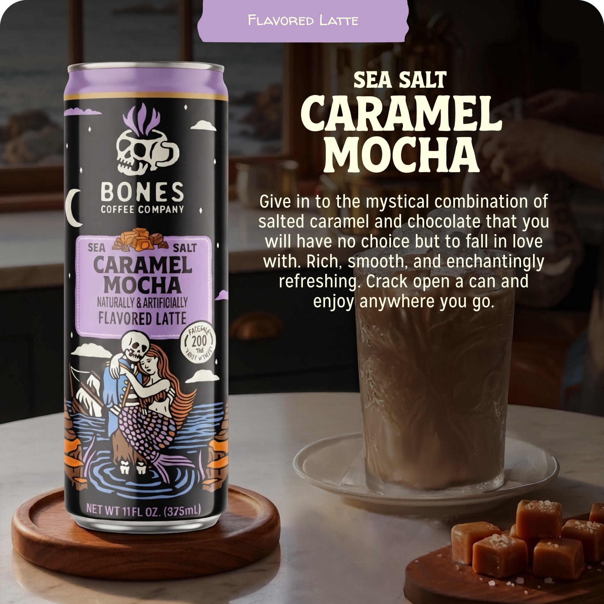 (4 pack) Bones Coffee Company Sea Salt Caramel and Chocolate Flavored Iced Coffee Latte, Ready To Drink Canned Coffee, 11 fl oz Can
