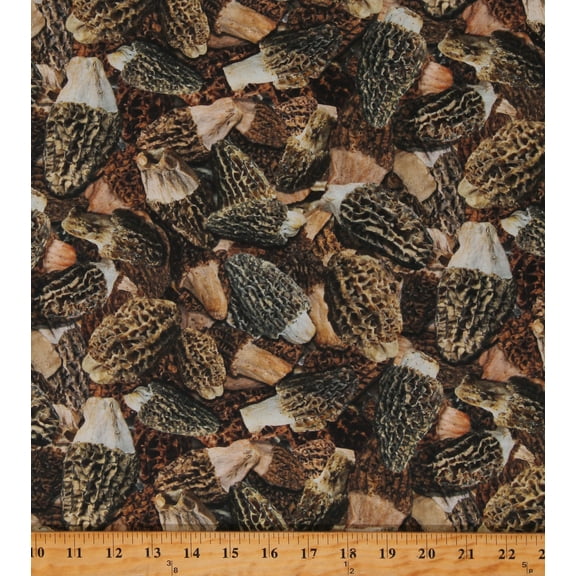 Cotton Morel Mushrooms This & That X Plants Fungus Food Vegetables Brown Cotton Fabric Print by the Yard (2600-30427-A)