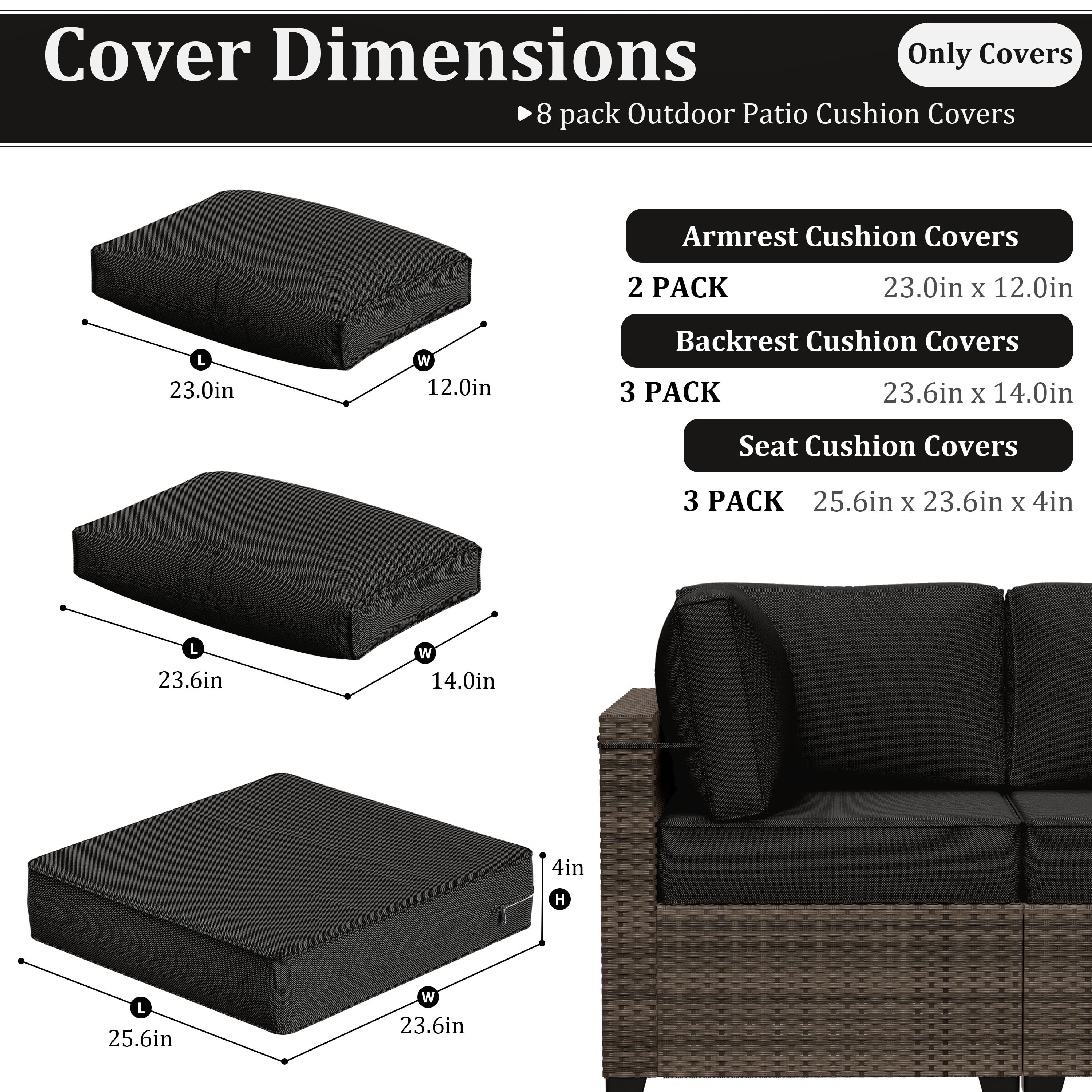 Snubbull 8 Pcs 25.6" x 23.6" Cushion Covers for Patio Furniture, Outdoor Waterproof Cushion Slipcovers Replacement with Zipper, Black