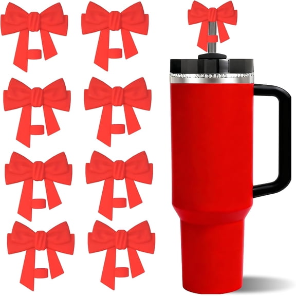 8PCS Bow Straw Toppers for Stanley Cup 30/40oz, Red | 8PCS bow straw toppers with silicone design, dustproof spill proof reusable covers for 10mm straws and tumblers