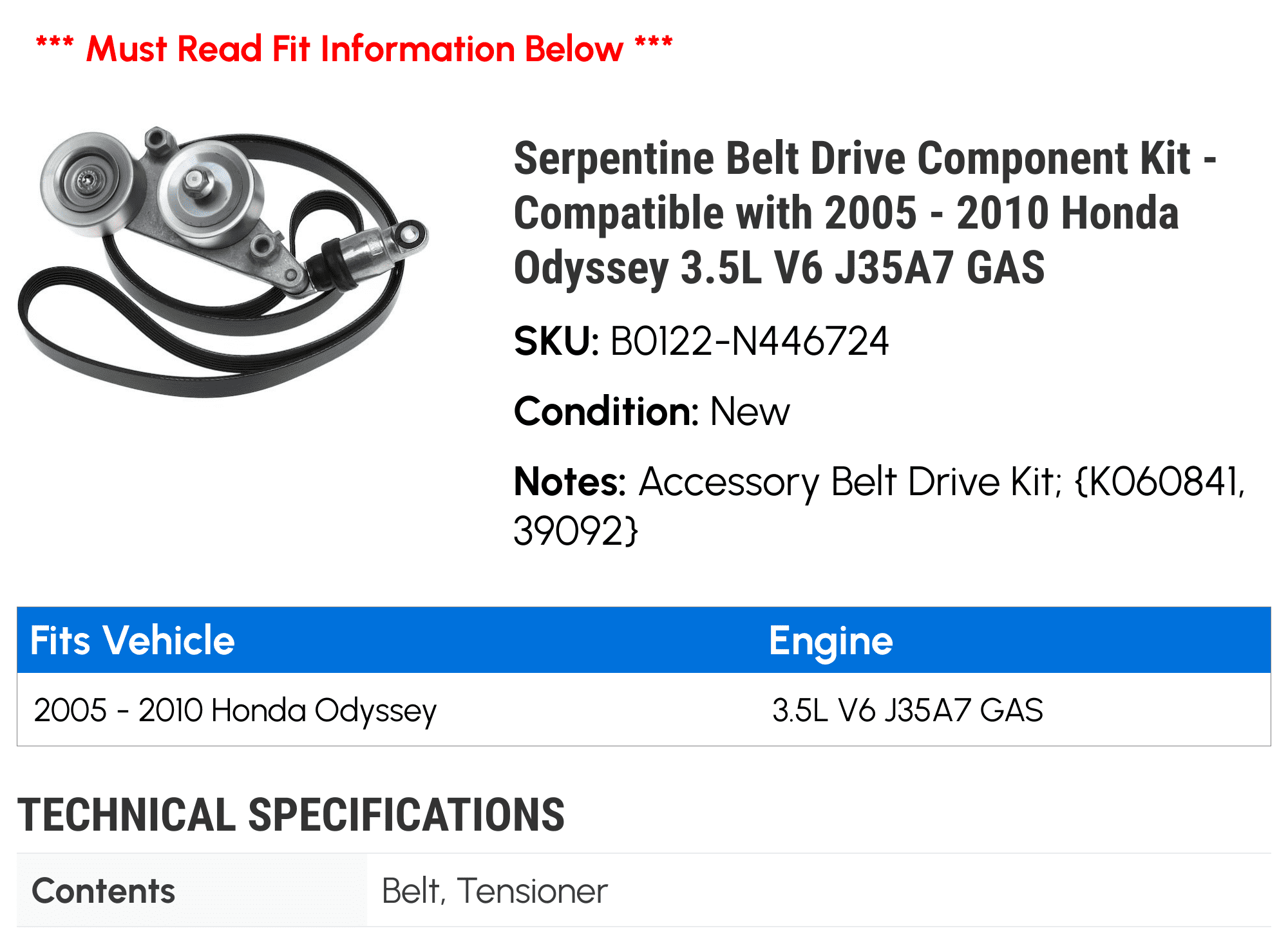 Serpentine Belt Drive Component Kit Compatible with 2005 2010