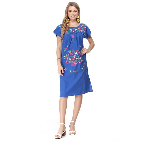 unik Embroidered Traditional Mexican Dress (Royal Blue, 3XL)
