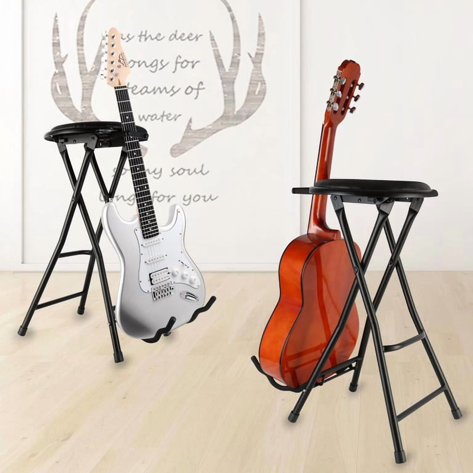Dapmiu No Backrest Guitar Stool, Foldable with Built-in Stand, Retractable Hook, Faux Leather Padded Seat & Foot Rest, Heavy-Duty for Musicians
