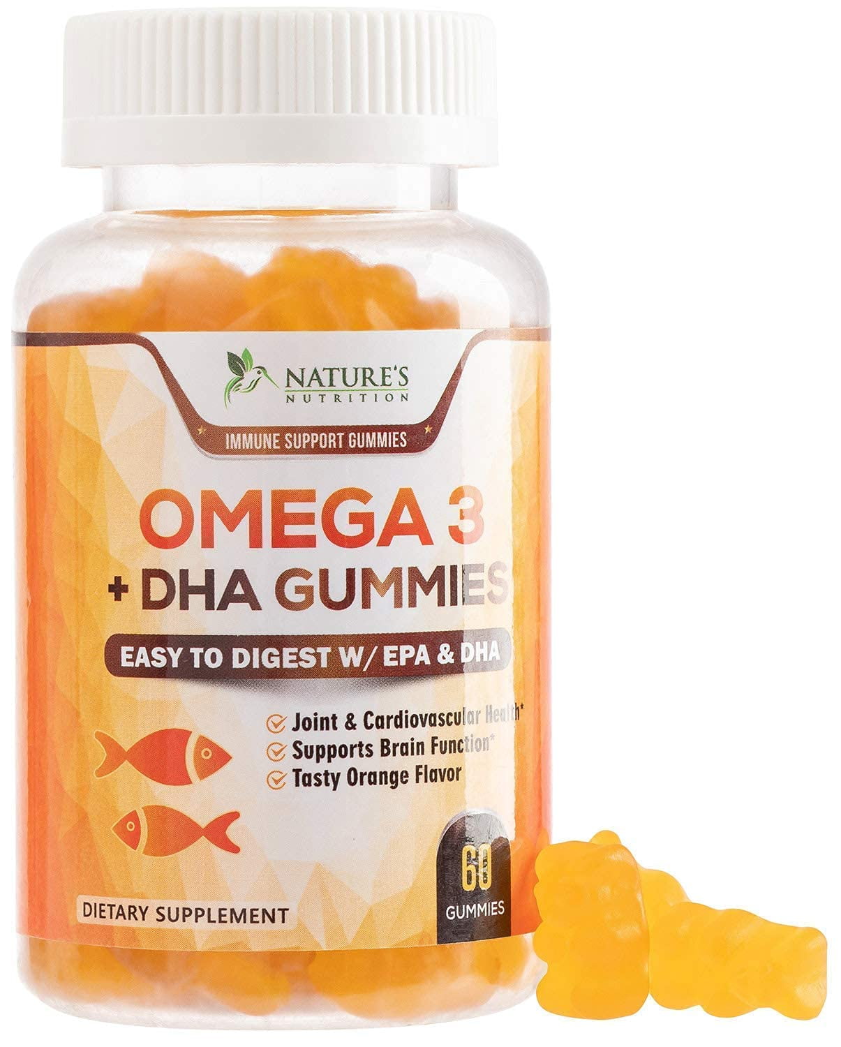 Omega 3 Fish Oil Gummies Tasty Natural Orange Flavor Extra Strength DHA & EPA - Natural Brain Support and Joints Support, Delicious Gummy Vitamin for Men & Women - 60 Gummies