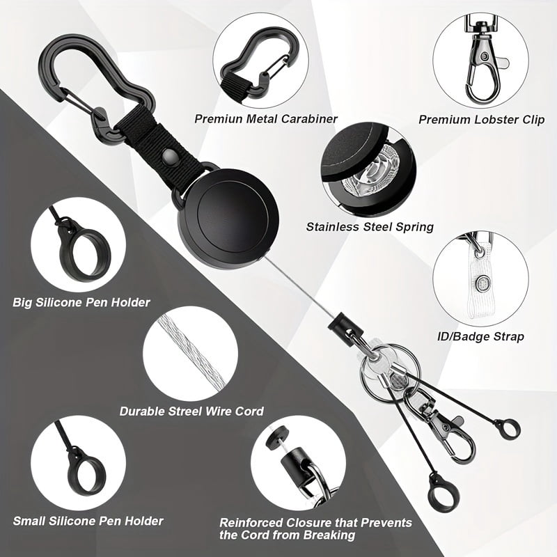 2 PACK Duty Retractable ID Badge Holder Key Reel with Adjustable Neck Lanyard, ID Badge Strap, 2 Pen Holders and Lobster Clip, Hold Up to 15 Keys
