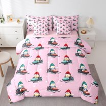 Manfei Merry Christmas Bedding Comforter Set 7pcs,Cute Cartoon Penguin Queen Bedding Sets,Snowmobile Sport Queen Sheet Sets For Girls,Ultra Soft Home Decor Reversible
