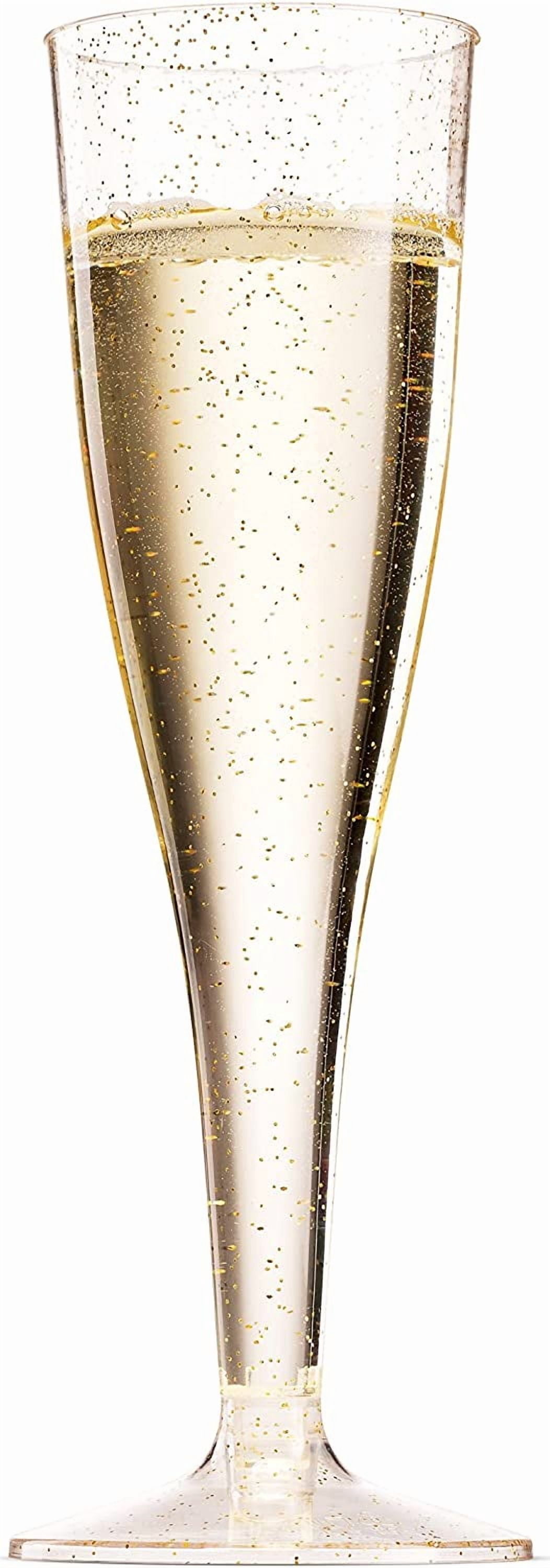 100 Plastic Champagne Flutes - 5 Oz Disposable Gold Glitter Champagne Glasses for Parties, Mimosa Bar, Events, Wedding and Shower Party Supplies - Toasting Cocktail Cups
