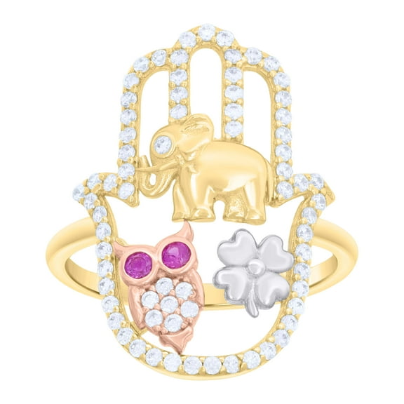 10kt Real Tri-Color Gold Womens Pink White Cubic-Zirconia Elephant Owl Clover Hamsa Good Luck Symbol Religious Ring