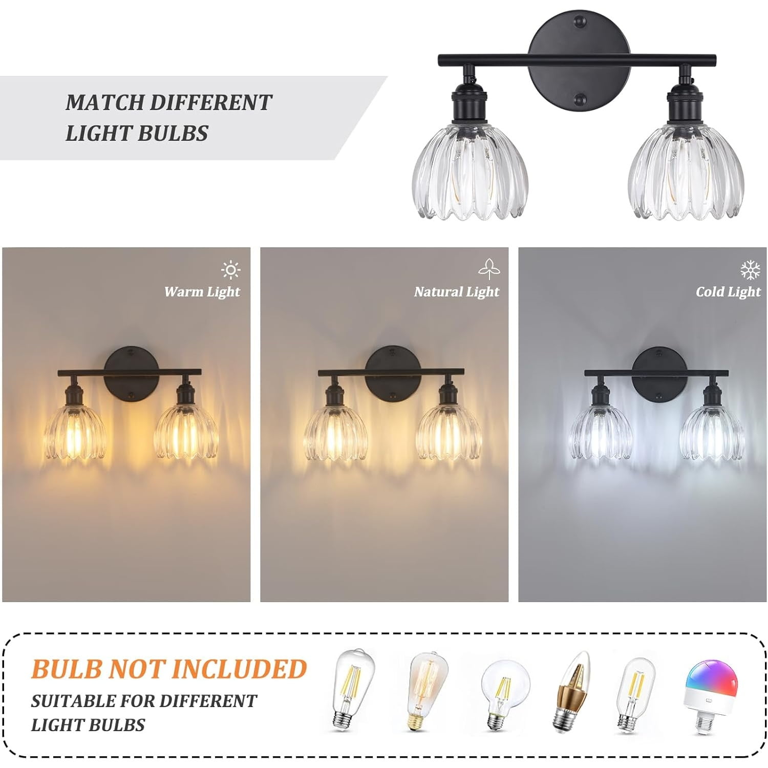 Bathroom Light Fixtures, 2-Light Black Vanity Wall Light Over Mirror with Clear Tulip Glass Shade for Bedroom Living Room (Bulb Not Included)