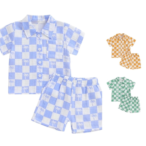 Toddler Boys Summer 2-Piece Outfit Checkered Tree Print Shirt Tops and Shorts Outfit Sets Size 2-3T ,Blue