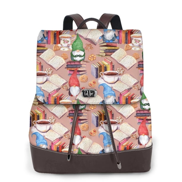 Easygdp Gnomes Books Tea Cups Mochila de Cuero para Mujeres, Bolso de Hombro, Bolsos de Mano de Moda para Trabajo y Viajes