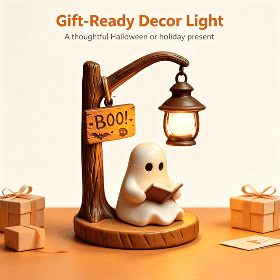 Mivyn 2026 New Ghost Reading Book Lamp, Cute Ghost Reading Lantern, 3D Resin Halloween Ghost Night Light Ghost Warm Light Indoor Decor Lamp Glowing Halloween Ghost Decorations for Bedroom