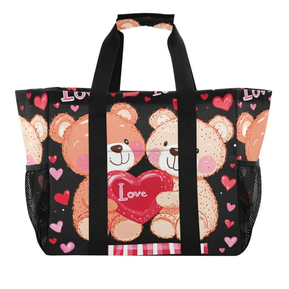 WOBOGO Cute Teddy Near Couple Pattern Tote Shopping Bag Reusable Heavy Duty Durable Foldable Washable 15.4×12.8×9.8in