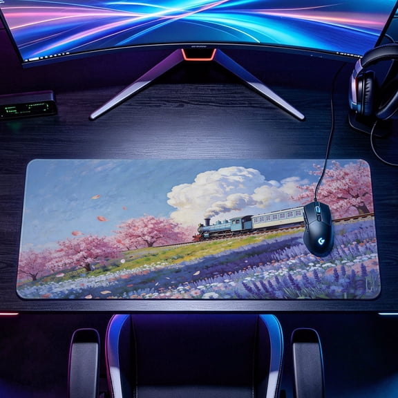 Extra Large cherry blossom train field Mouse Pad，Non Slip Rubber Pad，Desktop Decoration Drotection Pad，Washable，Lock Edge Multi Size，Premium Multipurpose Mousepad