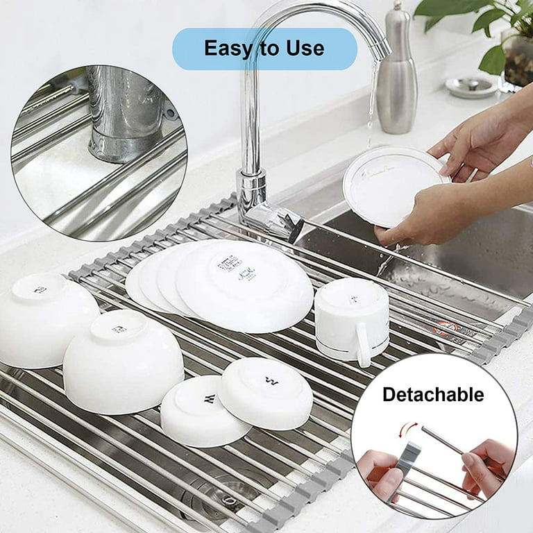 Roll Up Drying Rack, LEASEN Over The Sink Dish Racks Multipurpose Anti-Slip Silicone  Drying Mat, Heat Resistant Sink Drying Rack for Kitchen Counter