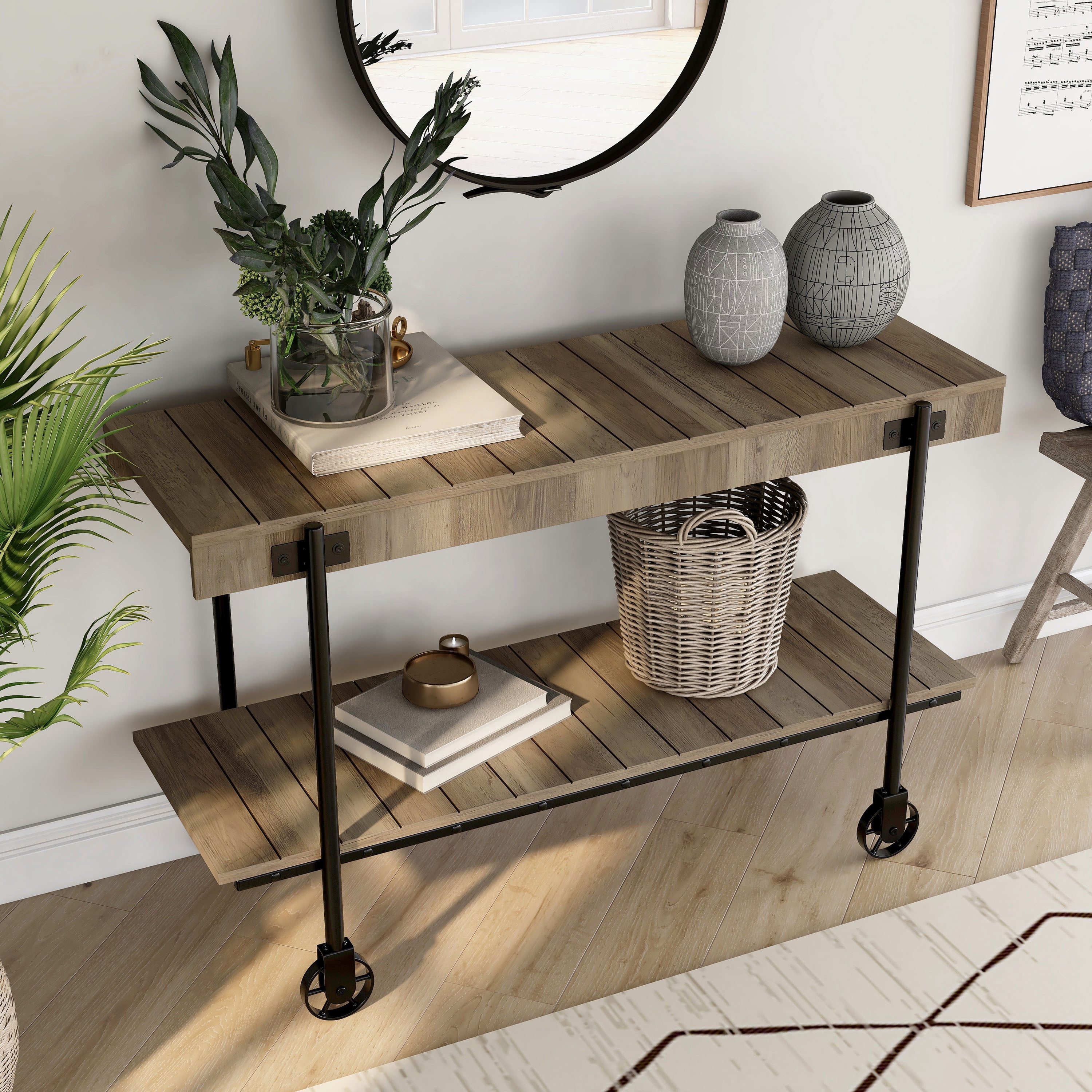 Furniture of America Russe 1-Shelf Wood Rustic Oak Sofa Table with Wheels