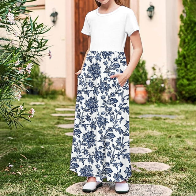 LOVZFMLL Robe d'Été Décontractée Sans Manches pour Filles de 2 à 12 Ans, Ourlet à Boutons, Fluide, avec Poches, Col Rond