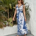 thumbnail image 6 of Blue Chinoiserie Toile Pattern Womens Night Club Maxi Dress V Neck Sleeveless Bohemia Long Dresses, 6 of 9