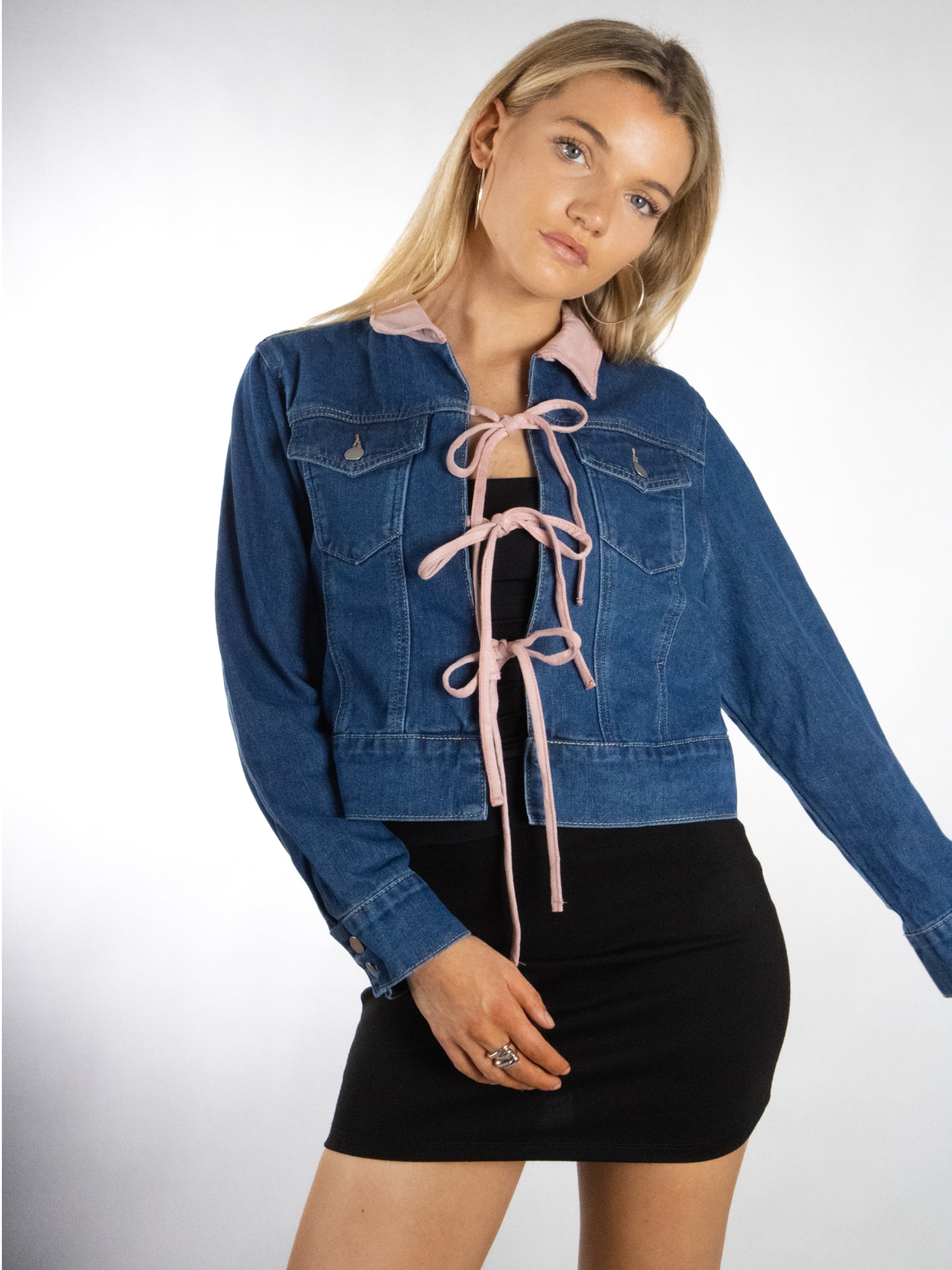 DARING DIVA Women's Stylish Triple Tie Denim Jacket XL Medium Denim Blue Pink