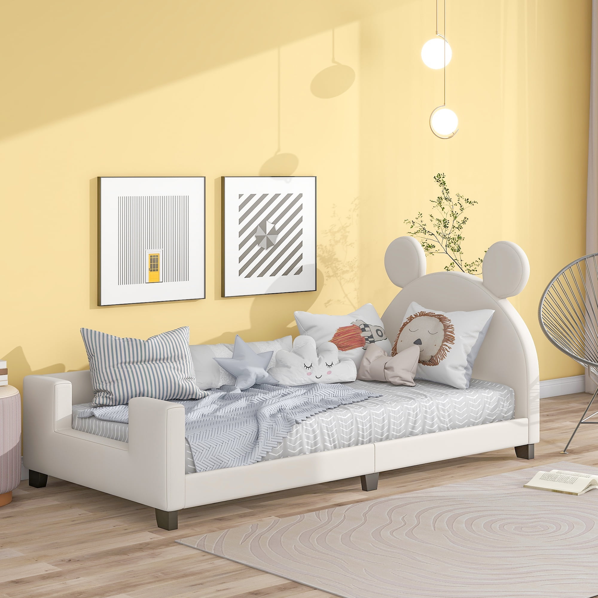 Mickey Mouse Shaped Twin Size Upholstery Daybed with Headboard for Kids