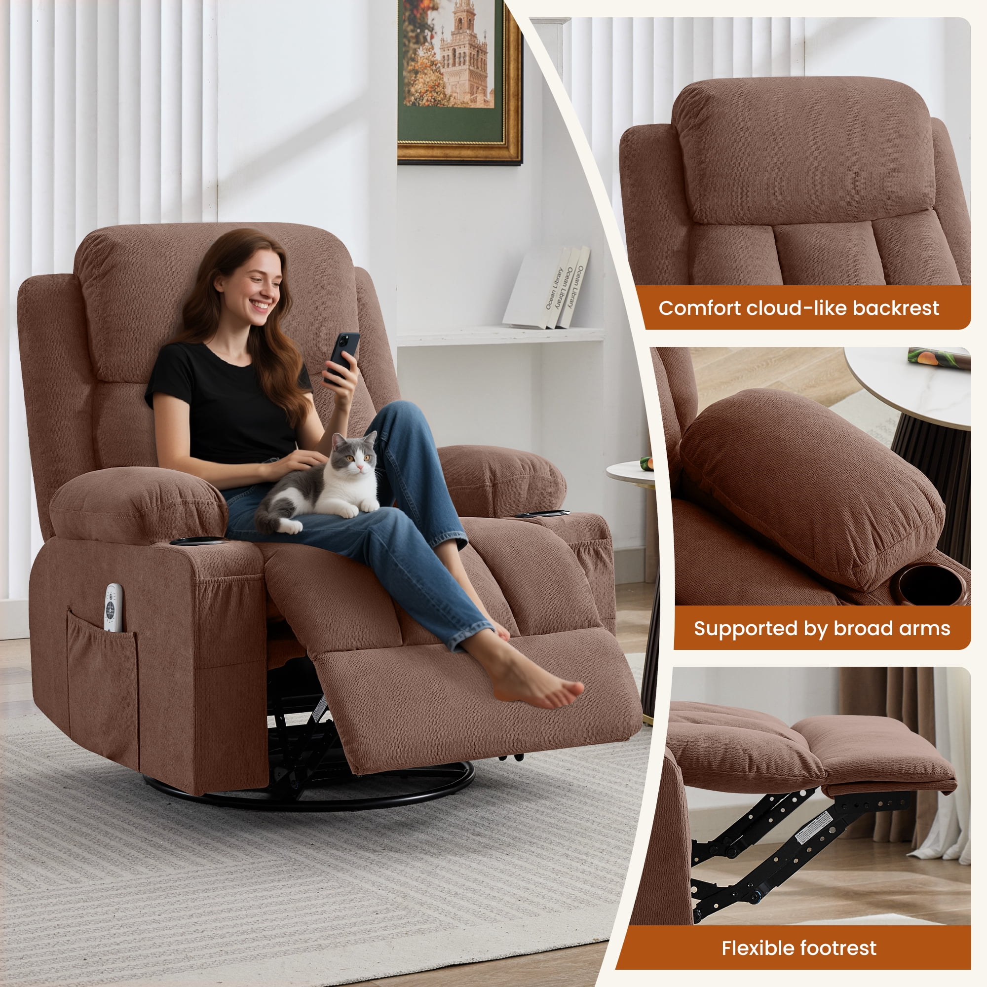 360° Swivel Rocker Manual Recliner Chair with Heat, Massage, USB Charge Port, cup holders