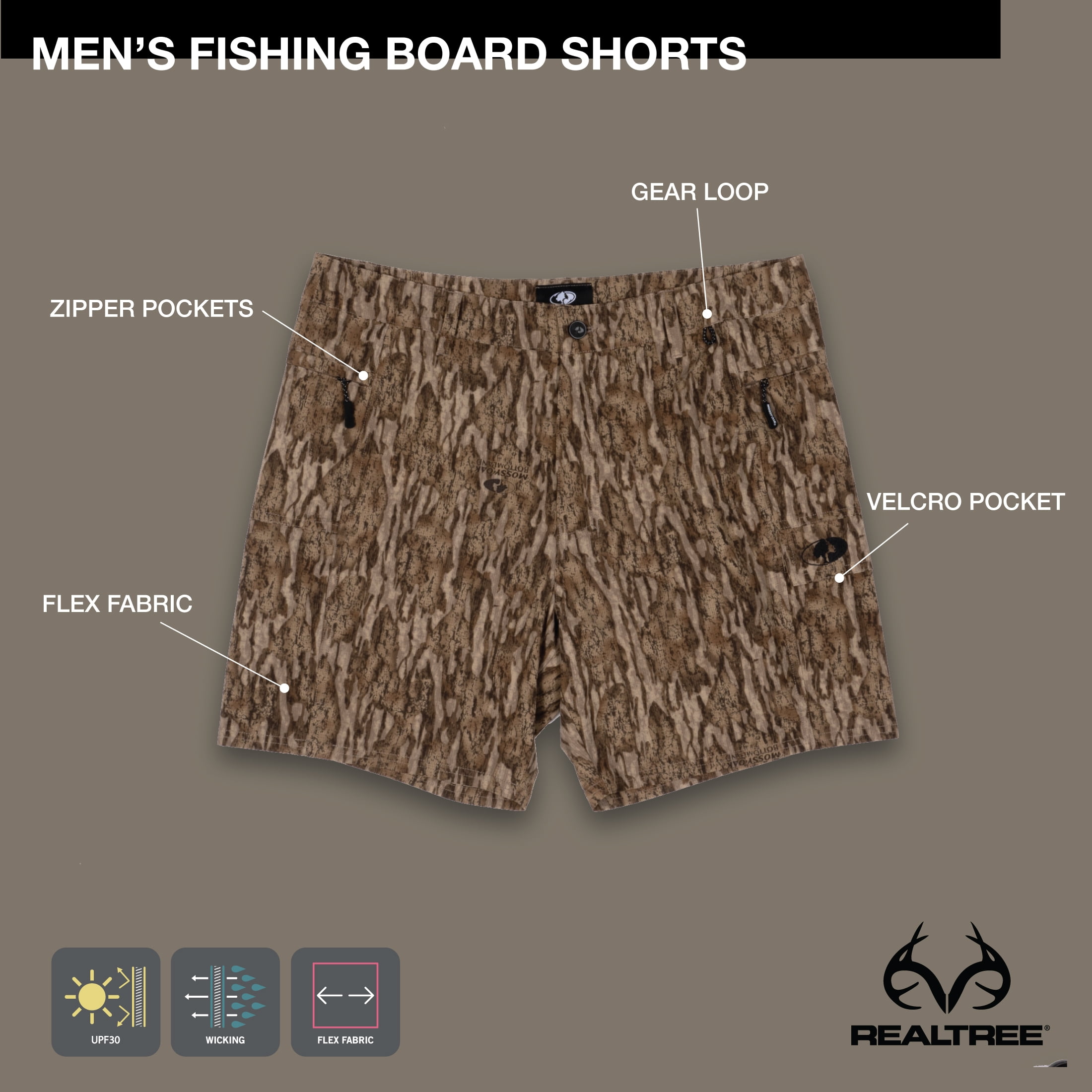 Men's Mossy Oak Board Shorts, Mossy Oak Bottomland, 3XL