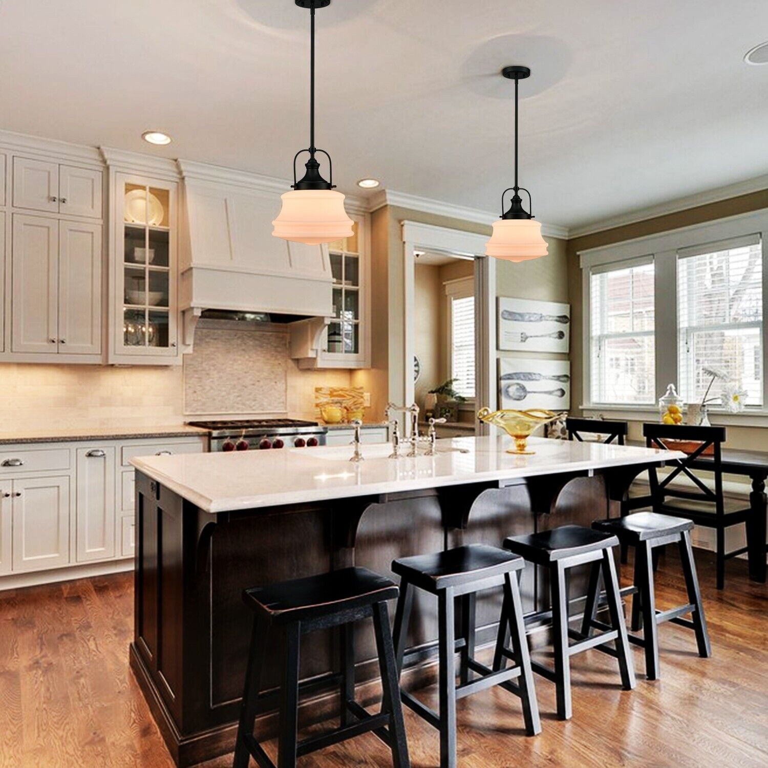 Modern Schoolhouse Pendant Light Fixtures Black Hanging Light Milky Glass