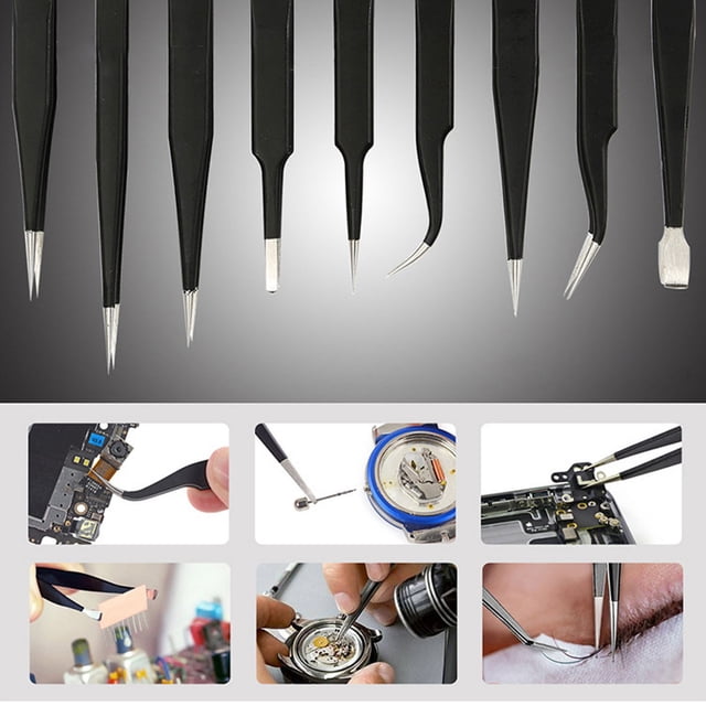 Tweezers Assortment Set, Metal Tweezers Kit 9PCS Wear Resistance Various Tip Shape Black Coating for Handicraft Making