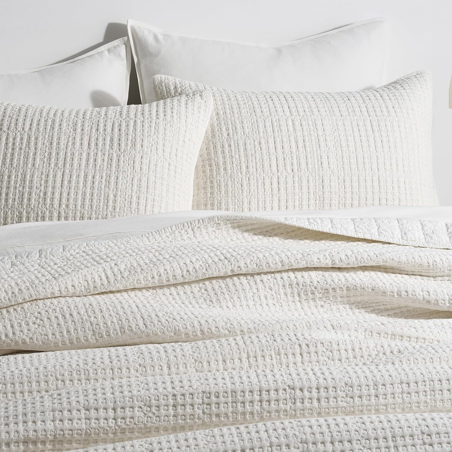 EVERGRACE Stonewashed 100% Natural Cotton Waffle Quilt Set King Size 3 Pieces, Soft, Breathable & Substantial Bedding, Quilted Coverlet Bedspread with 2 Shams for All Seasons, Bright White