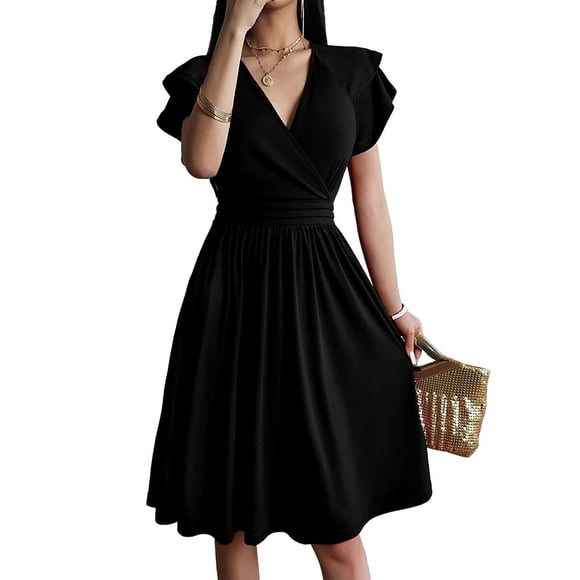 Summer Midi Dress Spring V Neck Cocktail Wedding Guest A Line Fit and Flared Dresses Black L