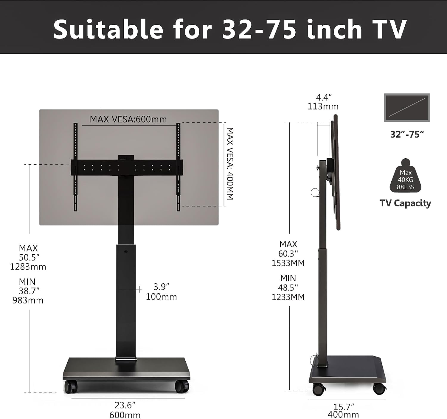 FITUEYES Rolling TV Stand for 32–75 Inch TVs, Black, Power Outlet, Portrait/Landscape Rotation