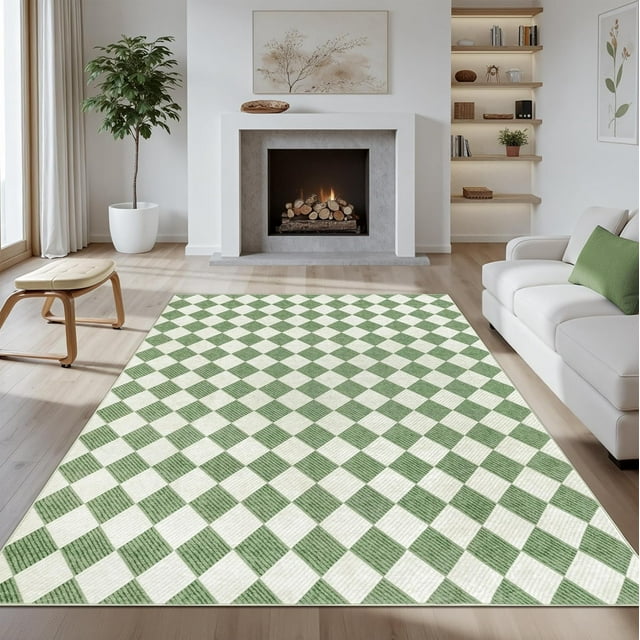 Washable Checke Rug x Low Pile Area Rug for Living Room Bedroom Nursery Modern Neutral Farmhouse Checkerboard Carpet Pet Kid Friendly