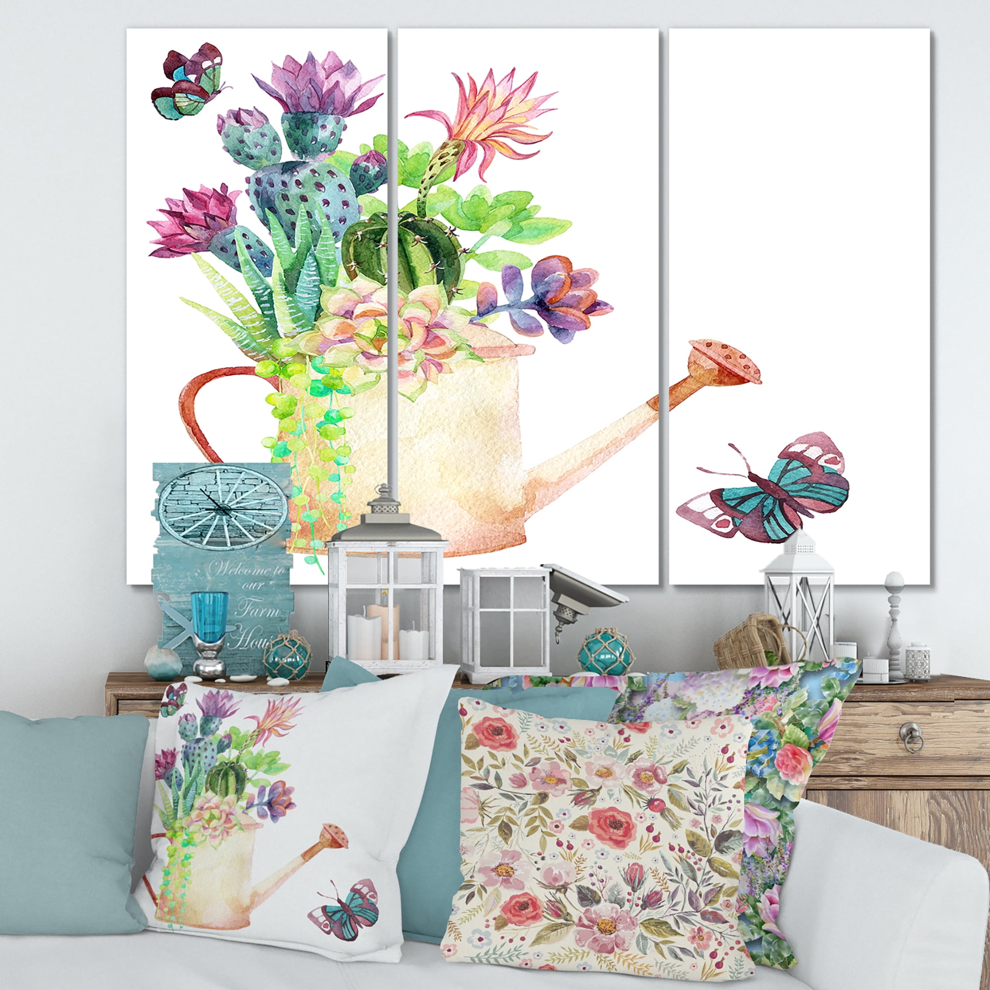 Succulents In Old Watering Can With Butterfly 28 in x 36 in Painting Canvas Art Print, by Designart