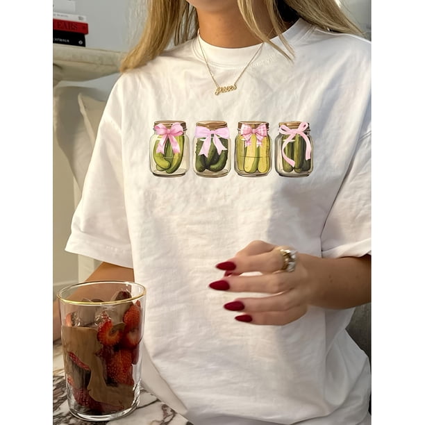 Camiseta informal de inspiración vintage para mujer con estampado geométrico de tarro de pepinillos - Algodón, cuello redondo, lavable a máquina, top de verano | Camiseta de inspiración vintage | Teji