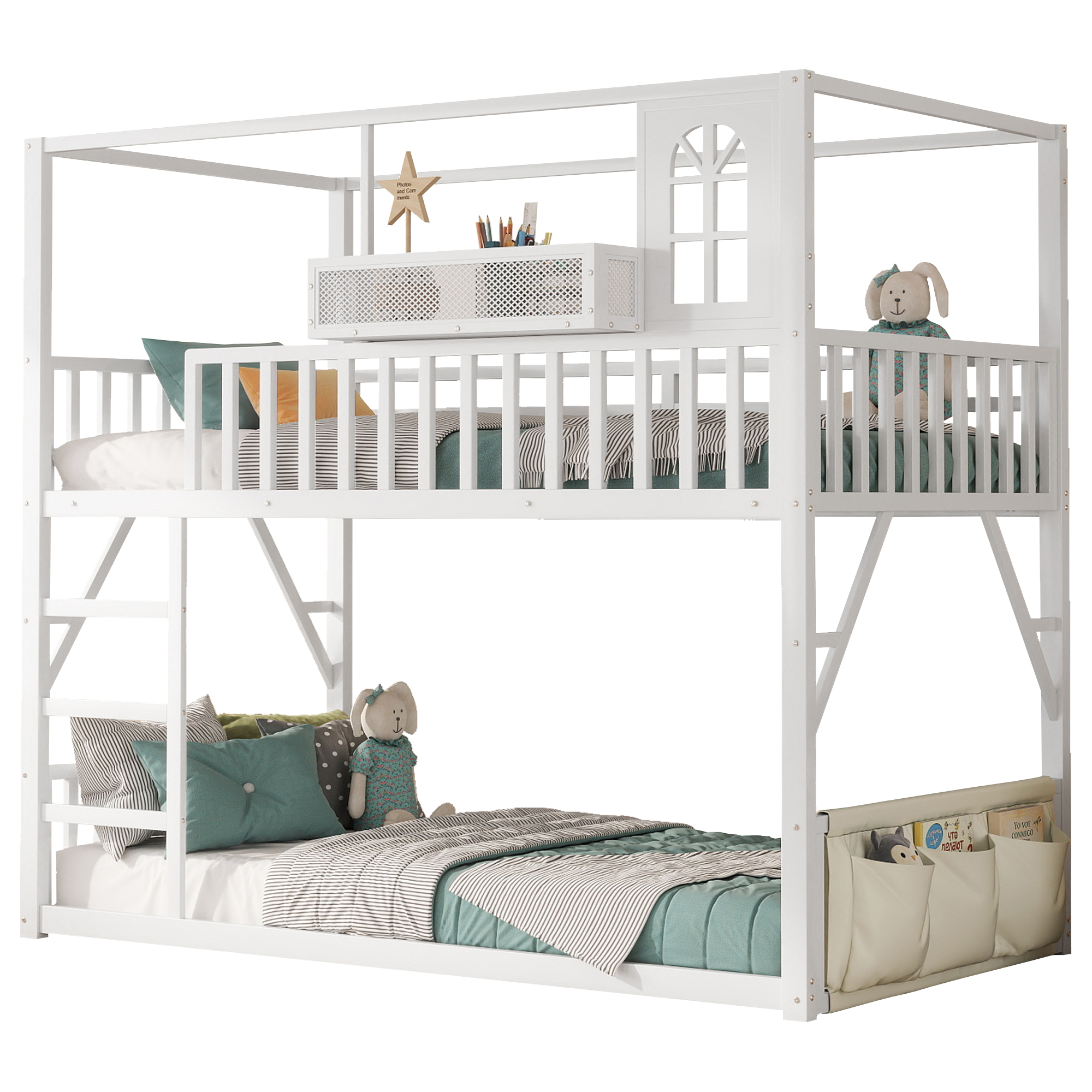 HOQBN Floor Bunk Bed Twin Over Twin,Metal Low Bunk Bed Frame with Storage Shelves and Storage Bag,White