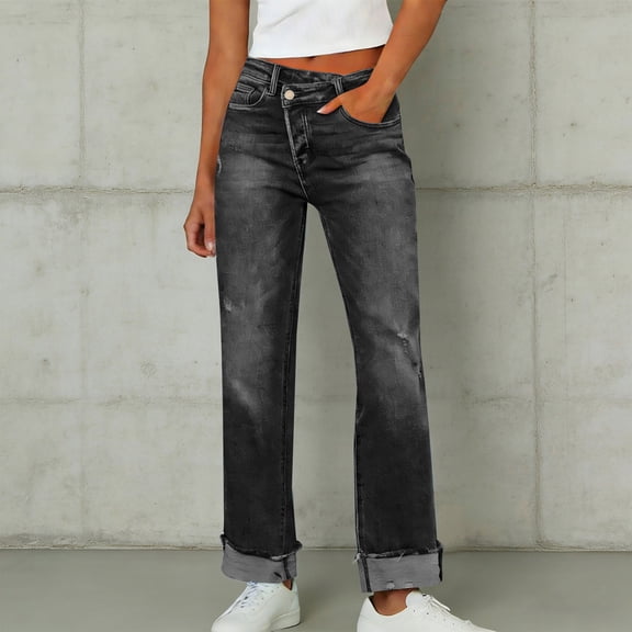 Women's Irregular Waistband Denim Jeans, Elastic Stretch Retro Streetwear Straight Leg Pants, Casual Distressed Jeans for Women, Unisex Baggy Trousers Black L
