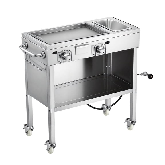Propane Griddle Outdoor, 2 Burner Gas Griddle Cart - Stainless Steel 23,200 BTU, Lockable Wheels, 1/3 Food Pan - for Burgers, Hot Dogs, & Outdoor Events